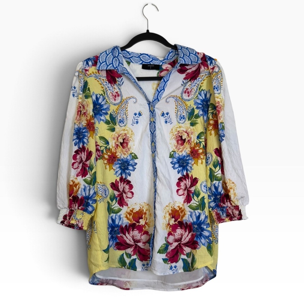 Tahari Floral Paisley Button Down Shirt Yellow Blue White L Boho Artsy Colorful
